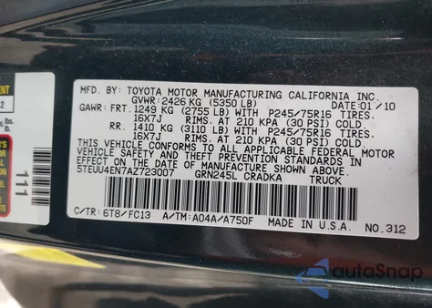 2010 Toyota Tacoma Base V6 из США, поврежденный, VIN 5TEUU4EN7AZ723007